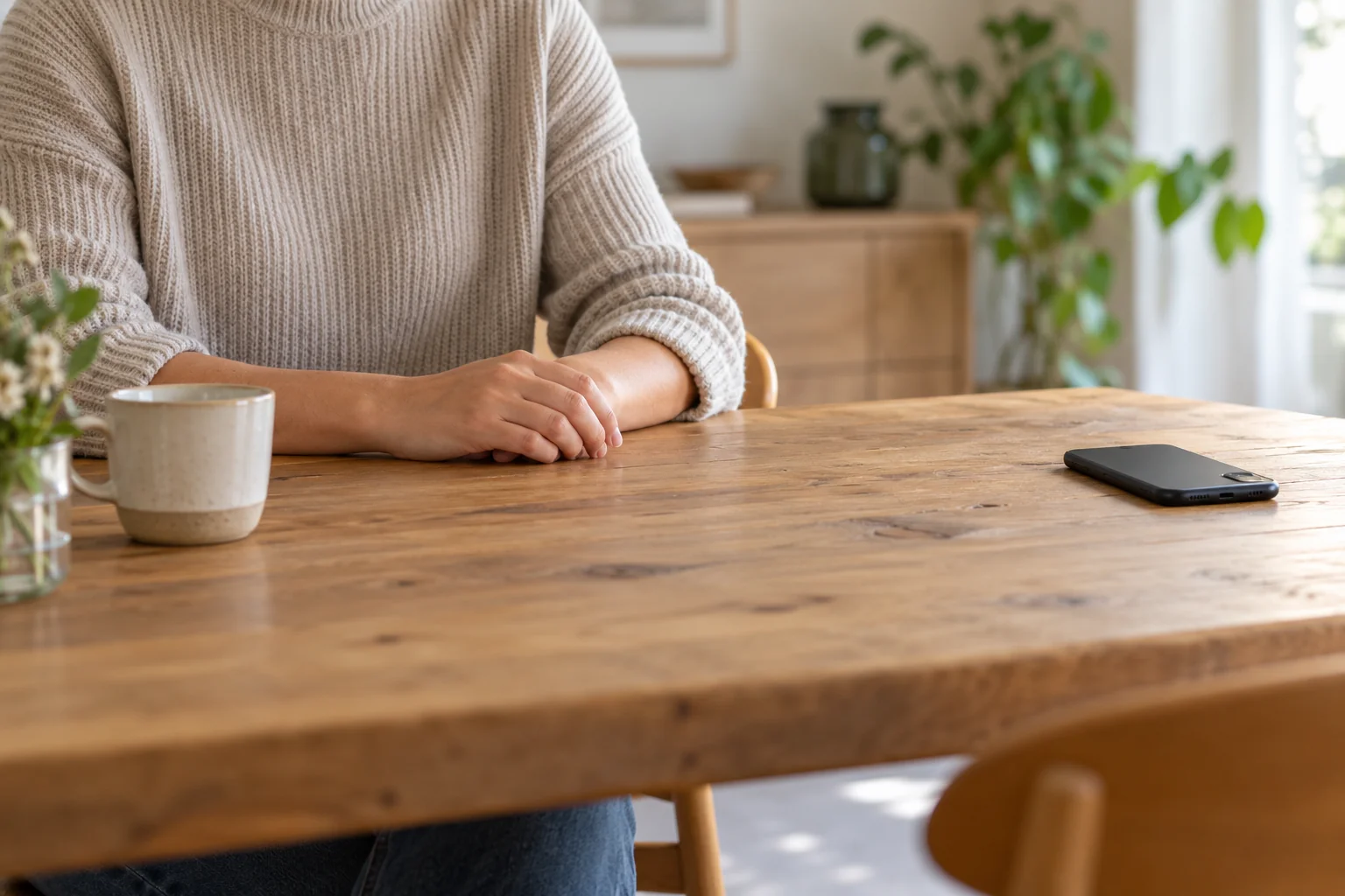 Erwachsene Person mit entspannten Händen am Tisch, während das Smartphone mit Abstand daneben liegt; das Gesicht ist nicht zu sehen.