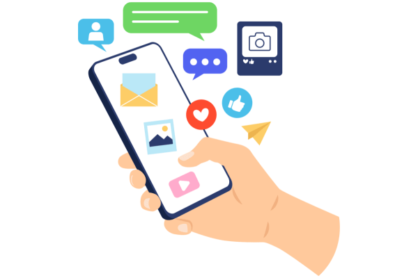 Illustration eines Smartphones in einer Hand mit Symbolen für Nachrichten, Fotos und Reaktionen.